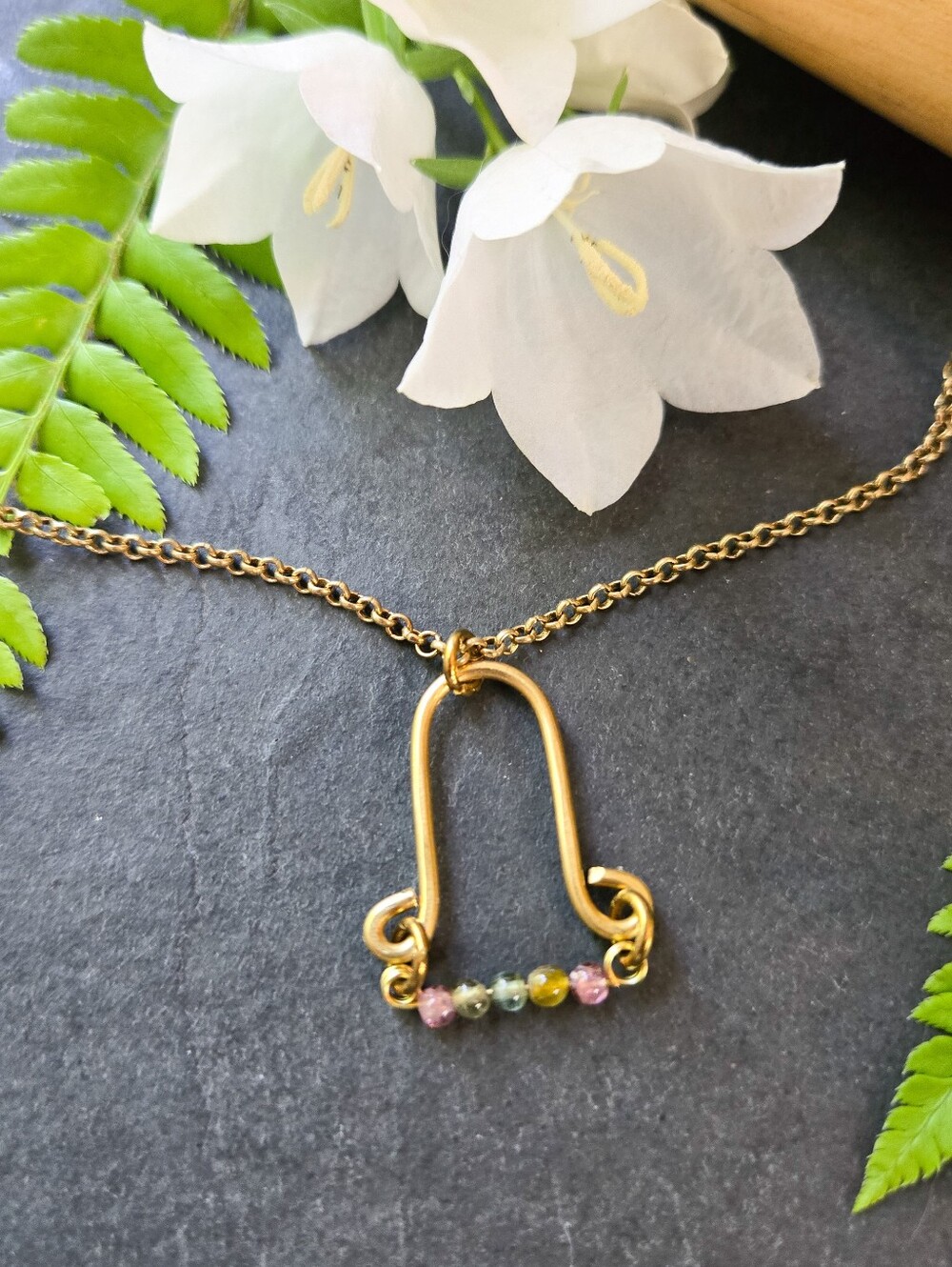 NWT Artisan-Made Rainbow Tourmaline Curly Brass Arc Necklace